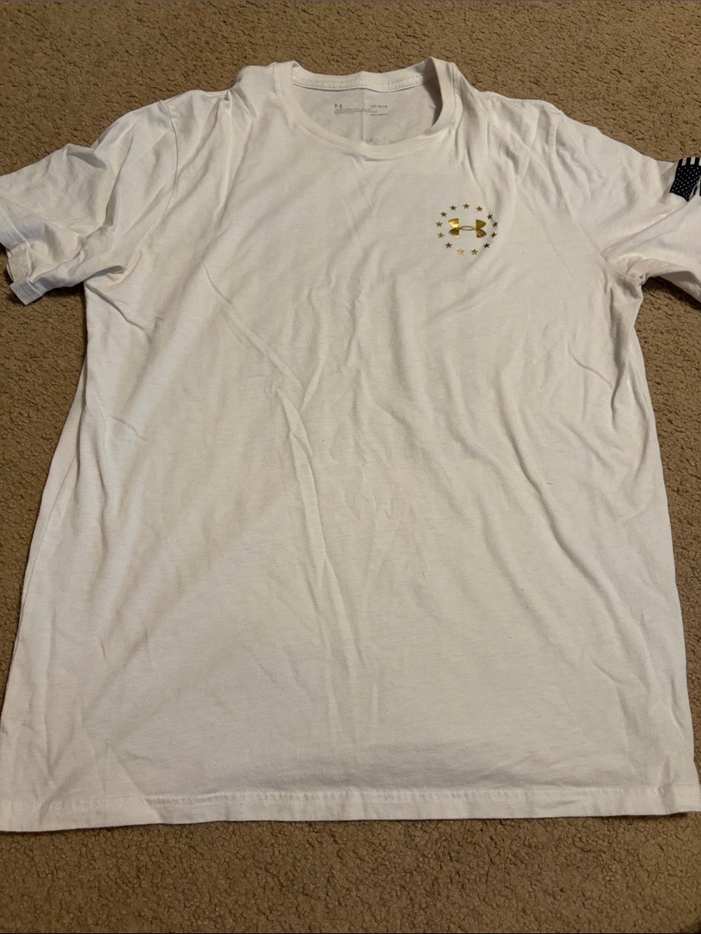 Under Armour White Short-Sleeve Tee with Gold Logo And american flag